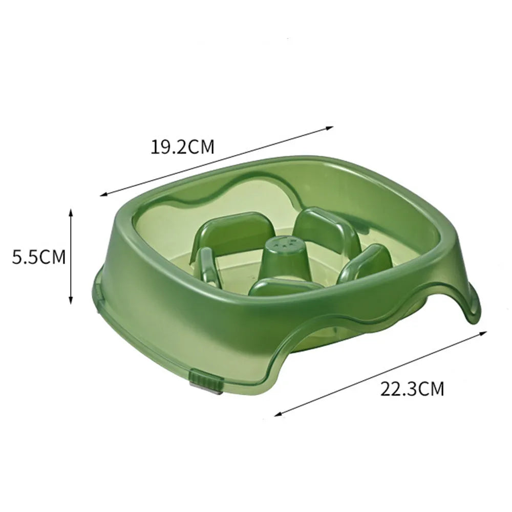 Blue plastic dog slow feeder bowl with interior ridges to control eating speed