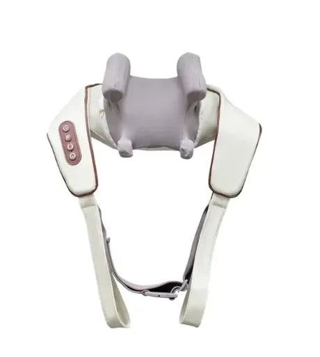 Milky white rechargeable shoulder and neck cervical spine kneading massager with USB cable.