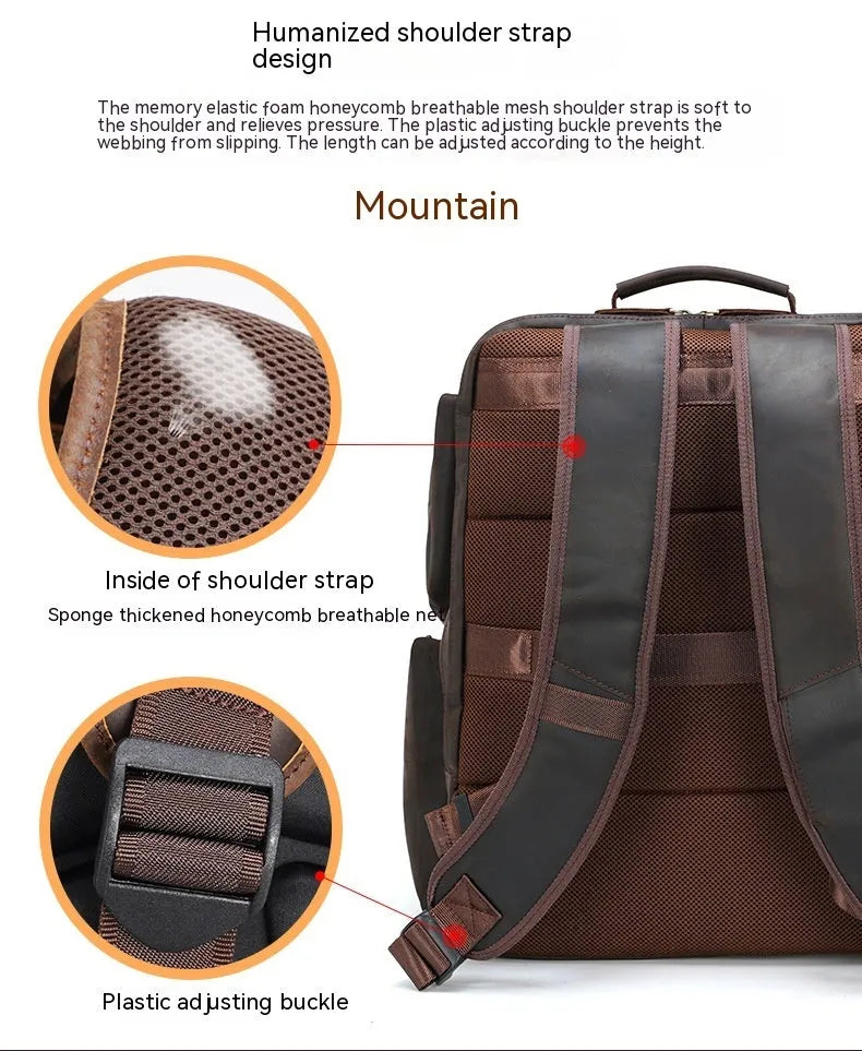 Dark brown retro leather backpack for men showing front view and open compartments.
