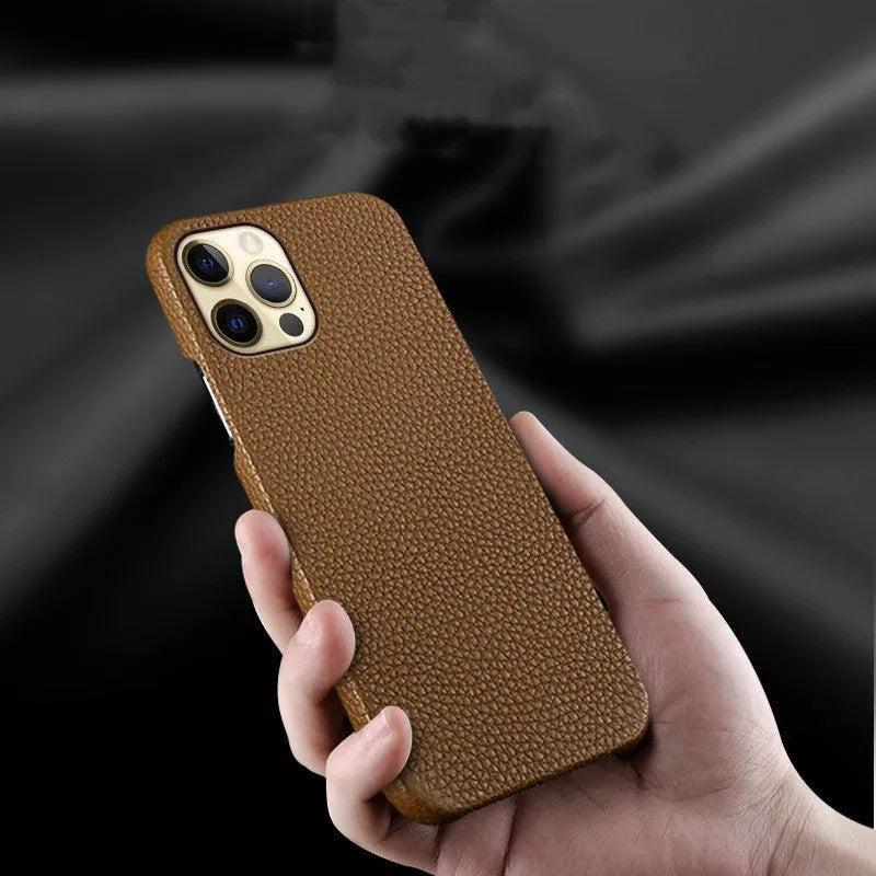 Genuine leather protective iPhone case in a simple style with half line breaks, shown in one of nine available colours.