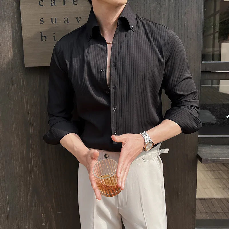 Men's dark striped V-neck long sleeve shirt in polyester blend fabric
