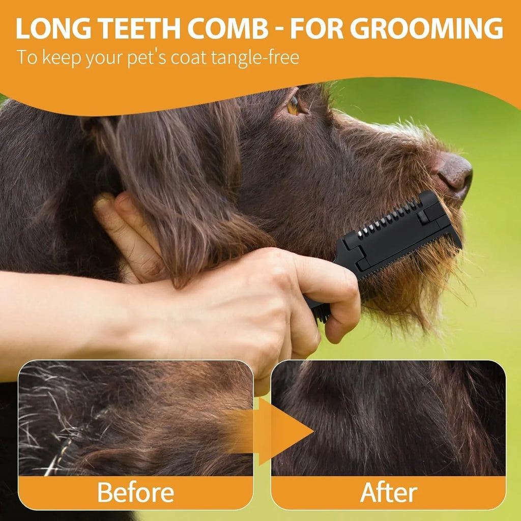 A 2-in-1 razor comb for grooming dogs and cats, shown with spare blades, on a neutral background.