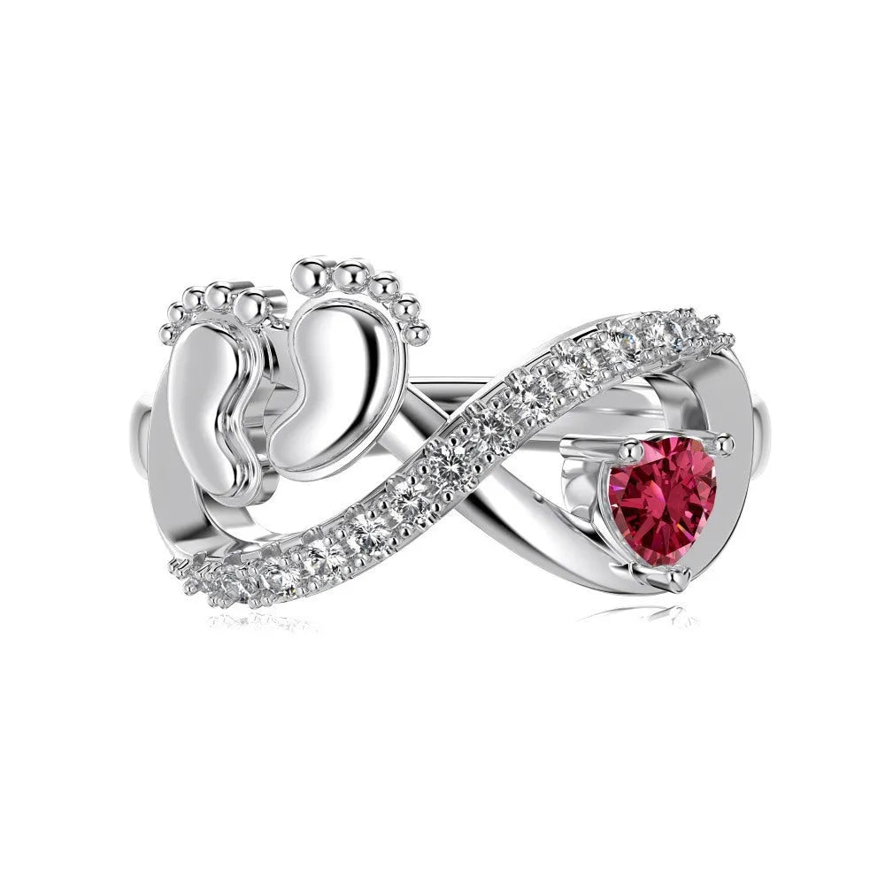 Silver rose red geometric ring with baby footprints design for women