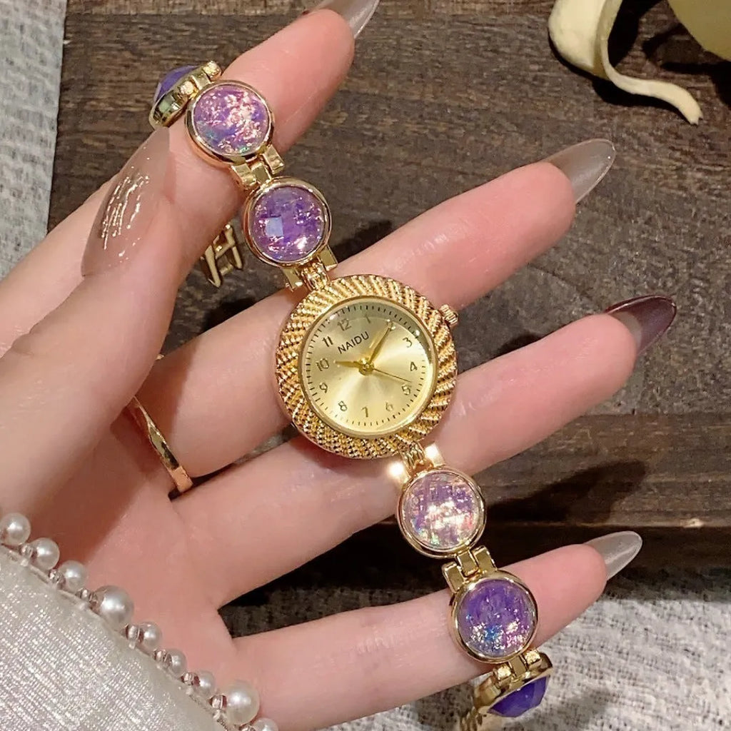 Women's quartz watch with 25mm round dial in six colour options showing zinc alloy case
