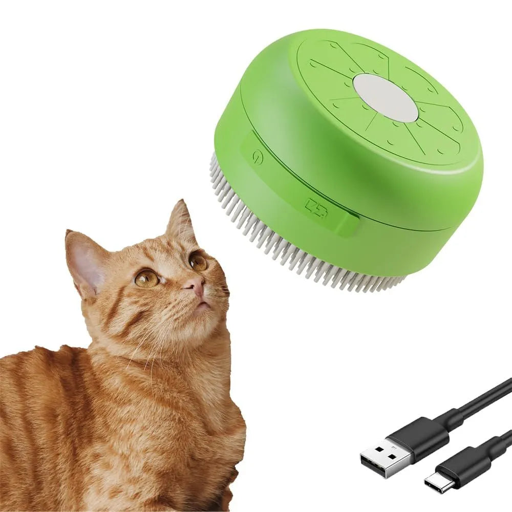 Green rechargeable cat steam brush with silicone bristles and ergonomic handle for pet grooming