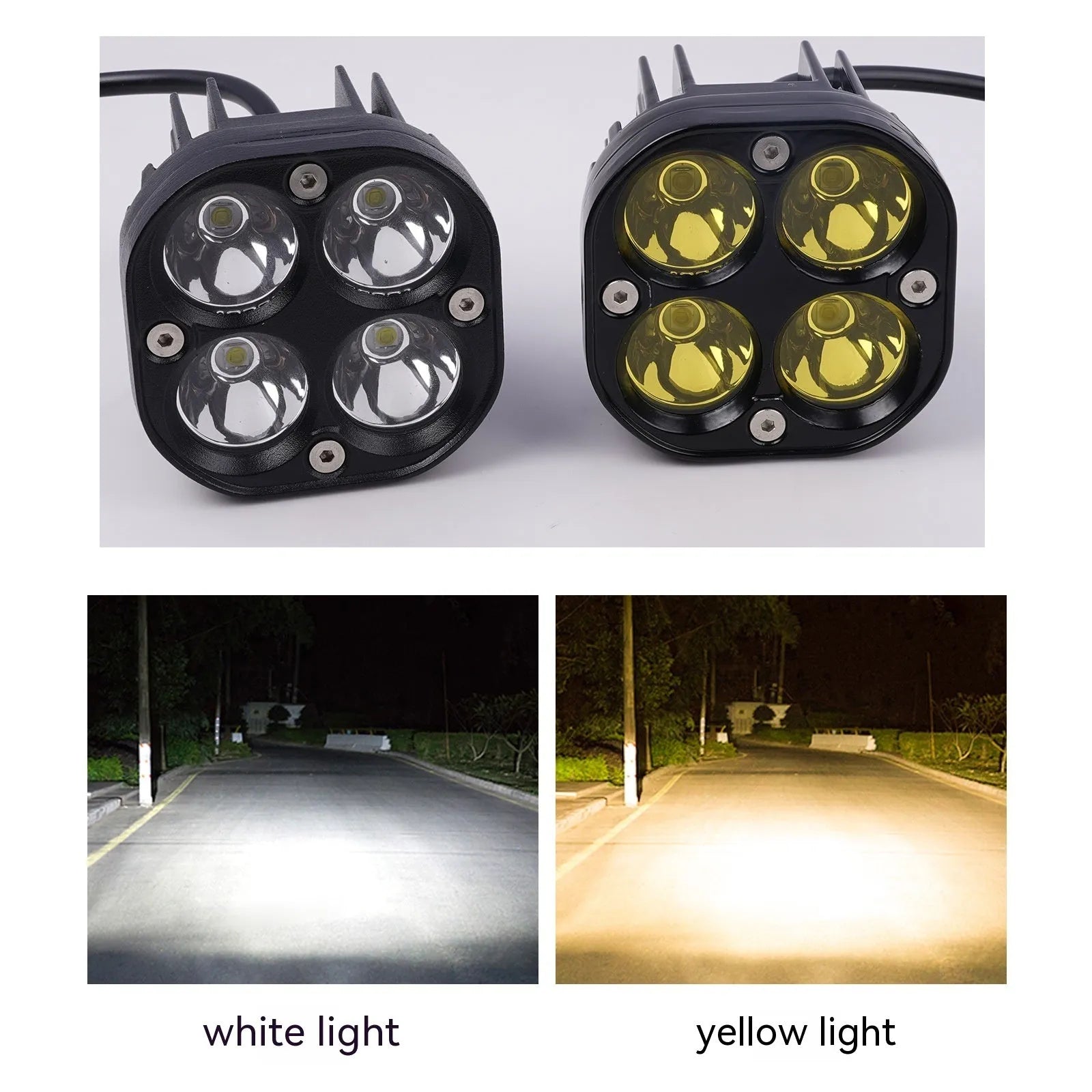 Four-eye vehicle headlight modification with aluminium base plate showing white and yellow light options