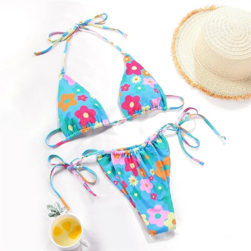 Women's polka dot print split bikini swimsuit in brown dot design with triangle bra style