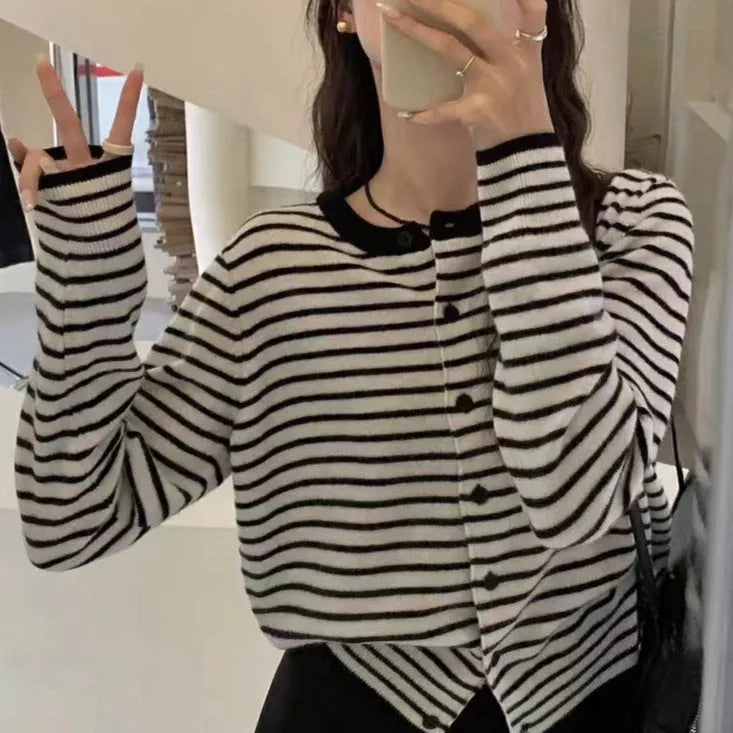 Women's dark grey and white striped viscose cardigan with French style design and 40cm short length
