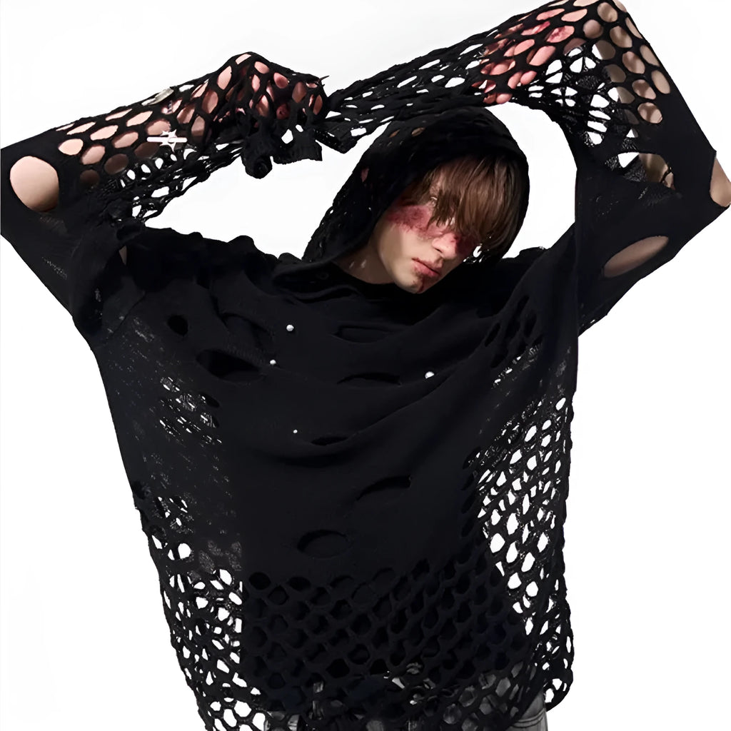 Black loose fit men's hooded sweater with pearl decorative details on hood