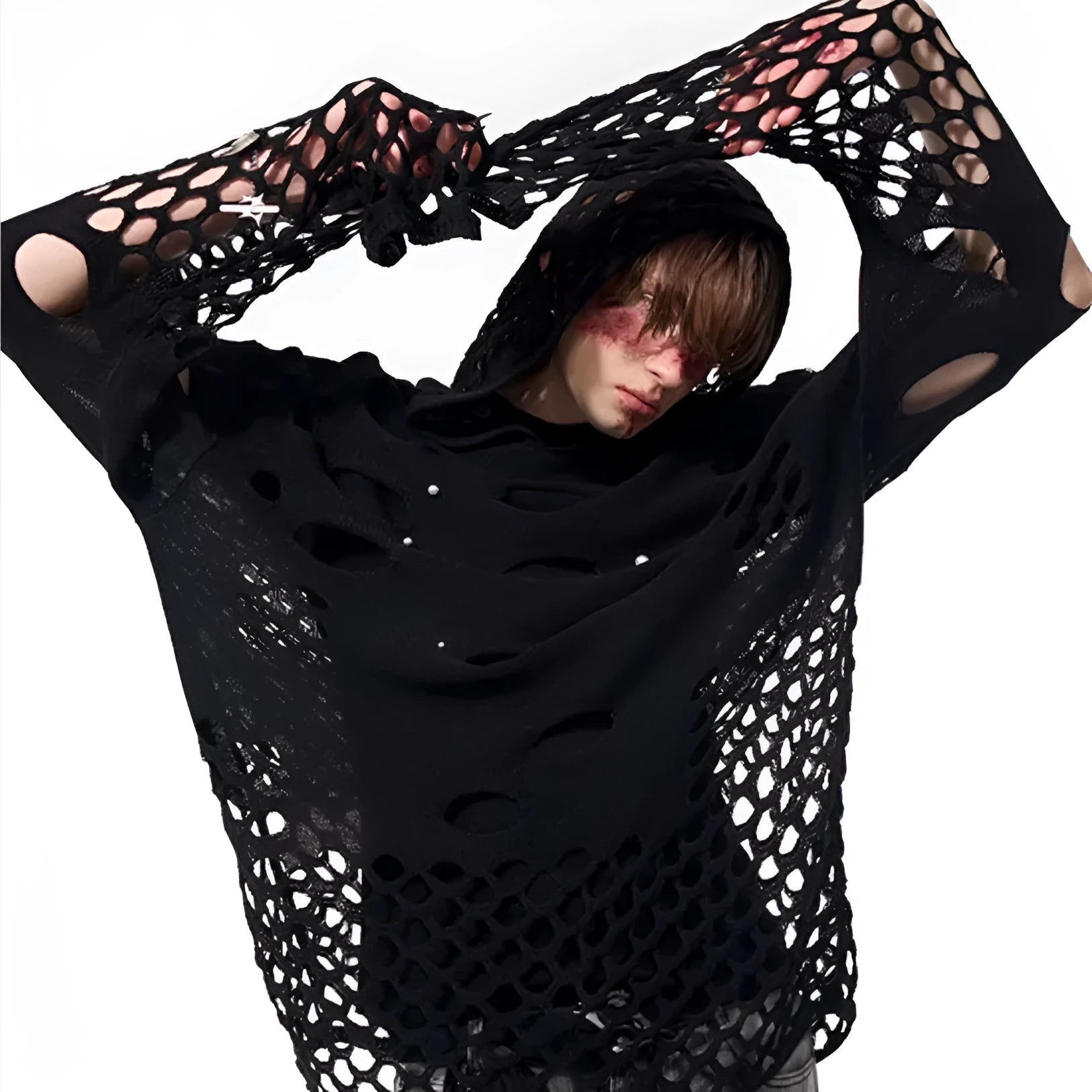Black loose fit men's hooded sweater with pearl decorative details on hood