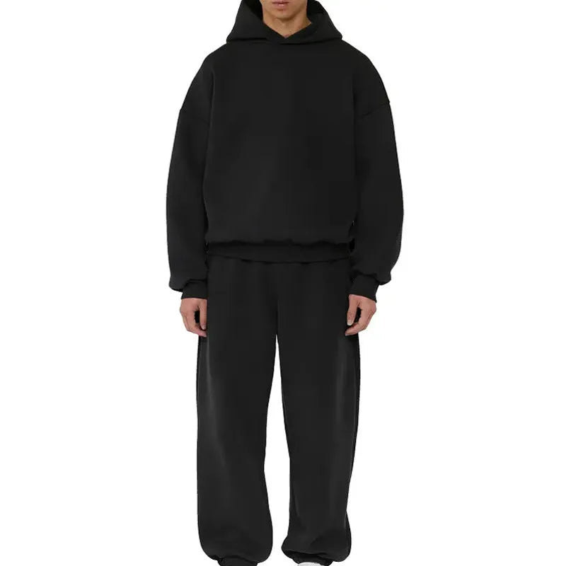 A man wearing a solid colour fleece-lined cotton hoodie with a wool lining.