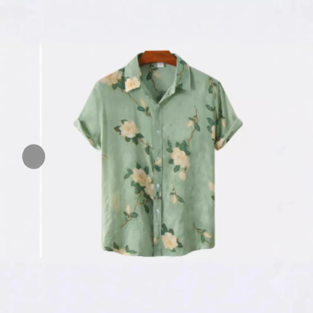 Hawaiian floral print short sleeve shirt with lapel collar on a hanger