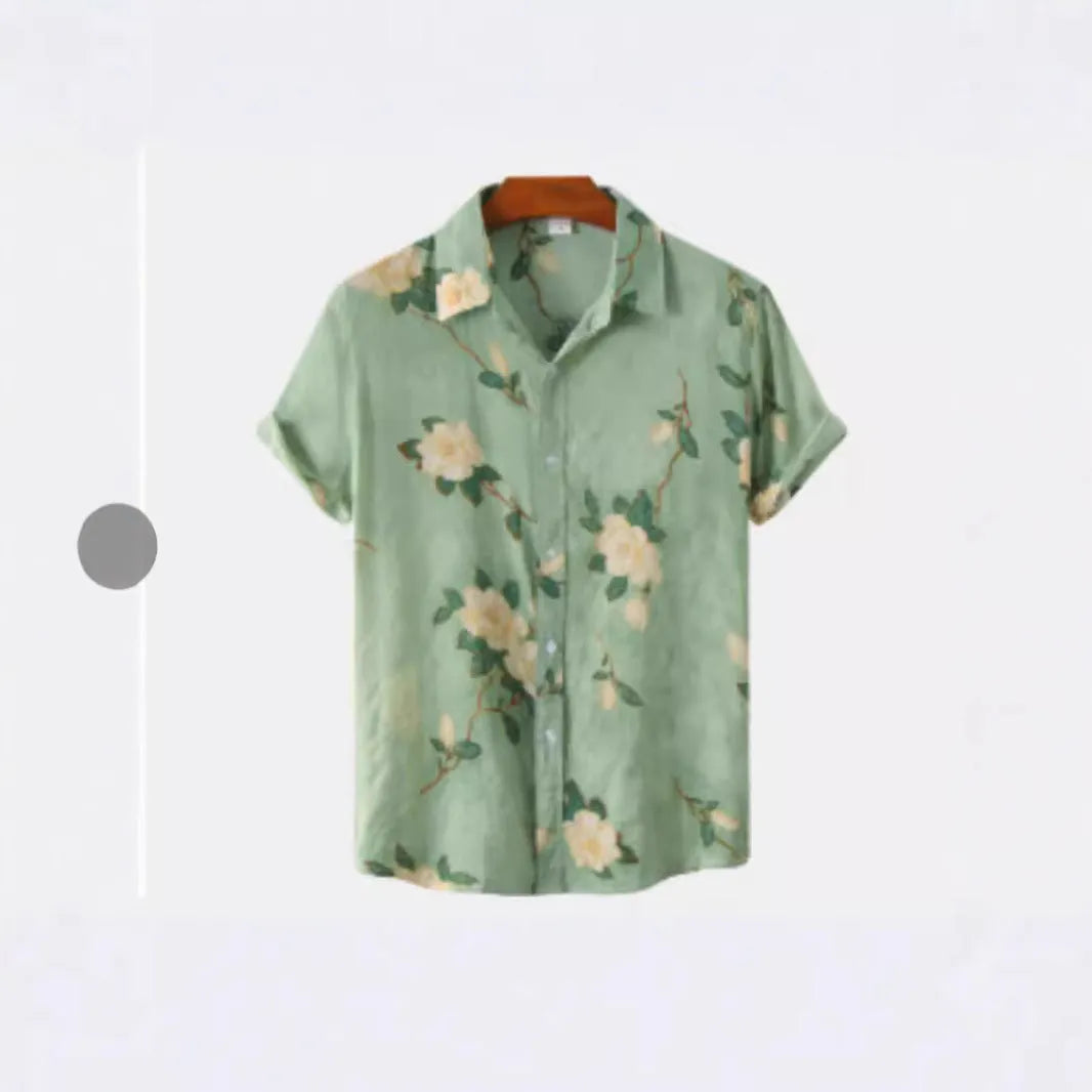 Hawaiian floral print short sleeve shirt with lapel collar on a hanger