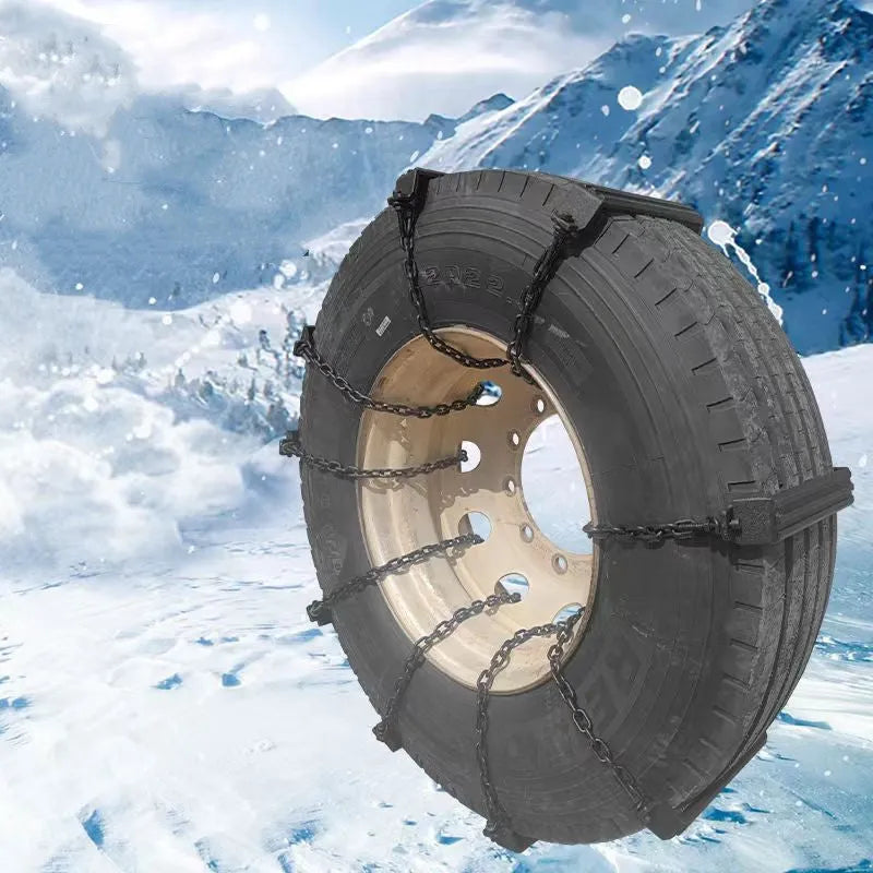 Large truck nonskid chain with semi-hanging design, iron links, shown in three sizes small medium large