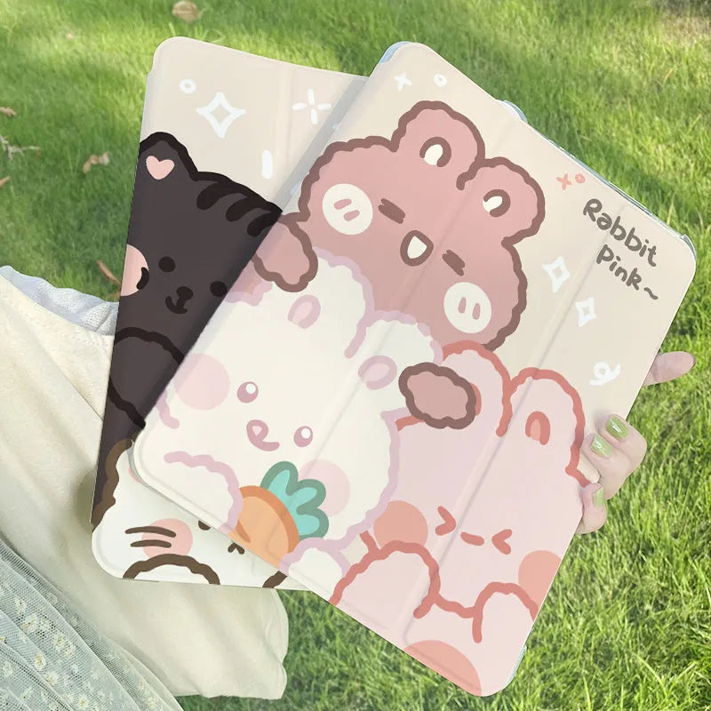 Silicone tri-fold protective case for iPad in cartoon rabbit design, shown folded into a stand position.