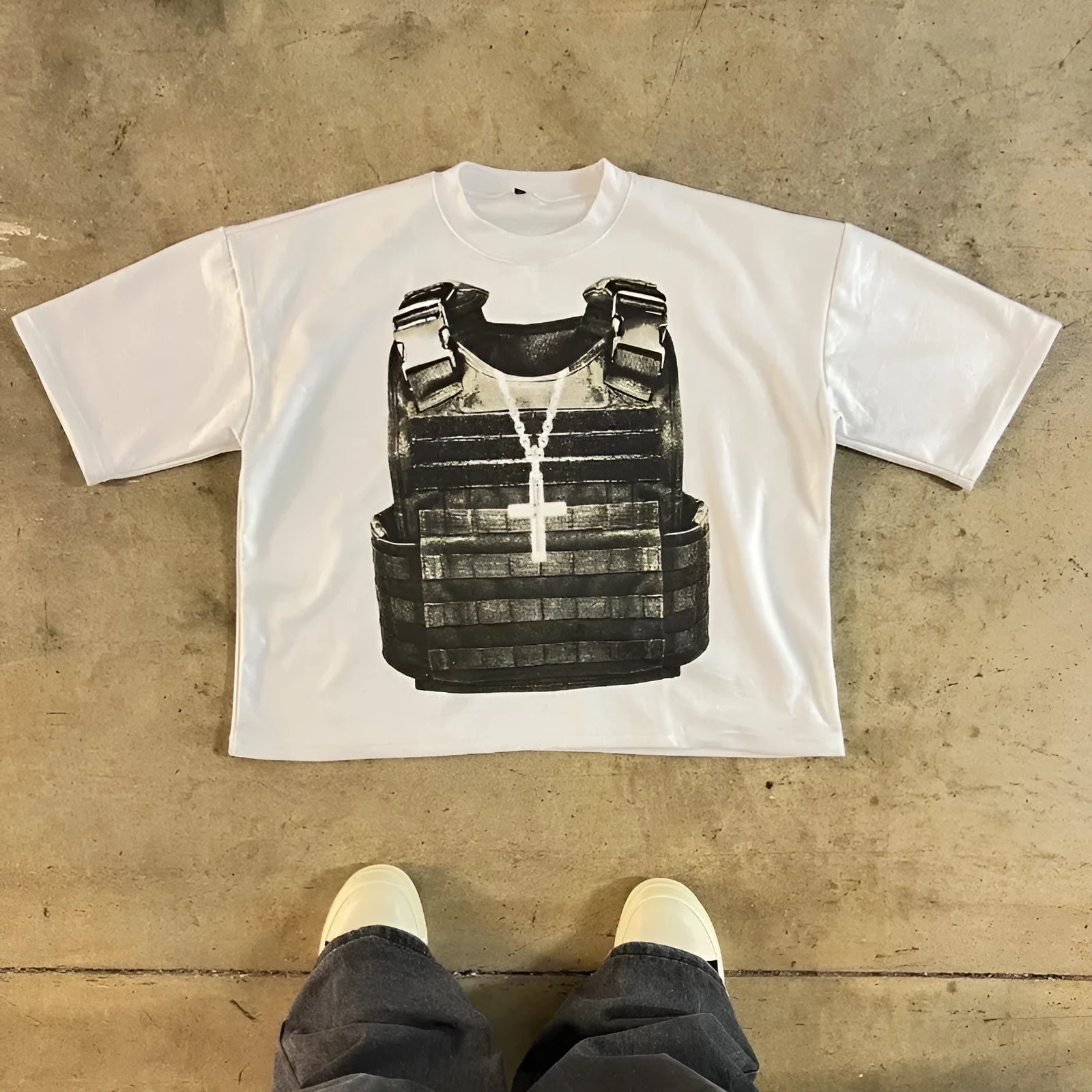 Printed cotton short sleeve retro street style t-shirt with drop shoulder sleeves