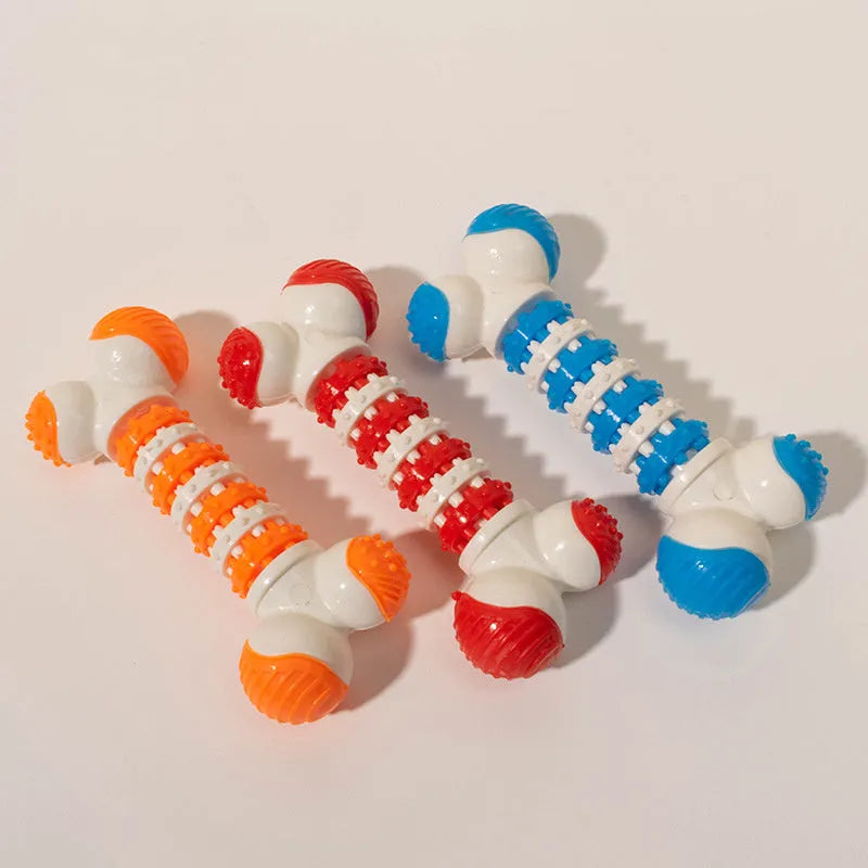 Blue bone-shaped interactive dog toy for small breeds with chewable ends and a central treat holder.