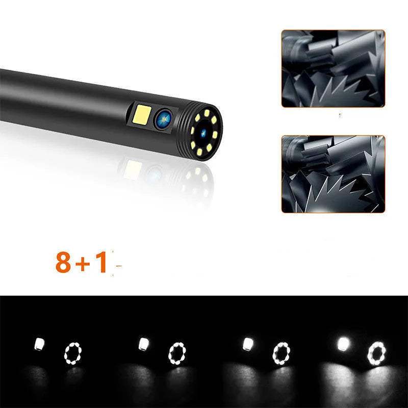F300 wireless dual lens endoscope with IP68 waterproof rating and 20-metre cable next to hook and magnet accessories.