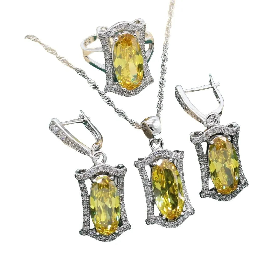 Yellow and olive green anti-allergy alloy jewellery set with zircon stones including necklace, earrings, ring and bracelet