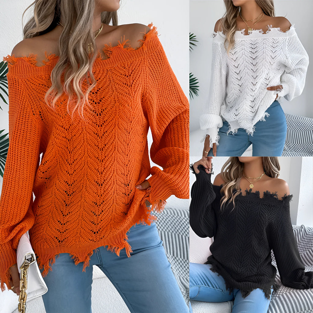 White hollow-out design off-the-shoulder long sleeve acrylic pullover sweater on a hanger.