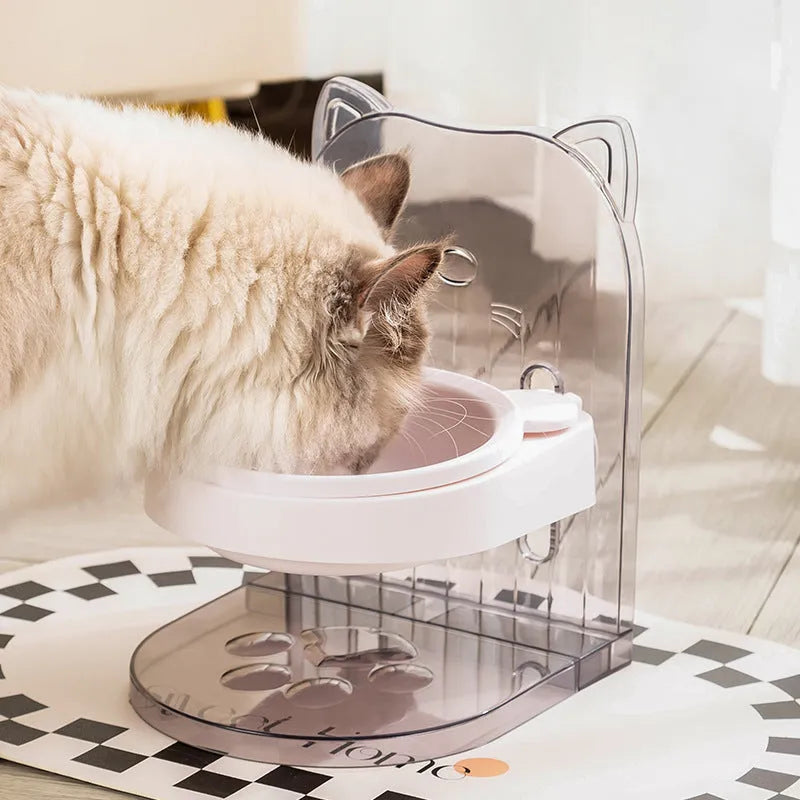 Adjustable height cat feeding bowl with anti-spill collar and neck protection design