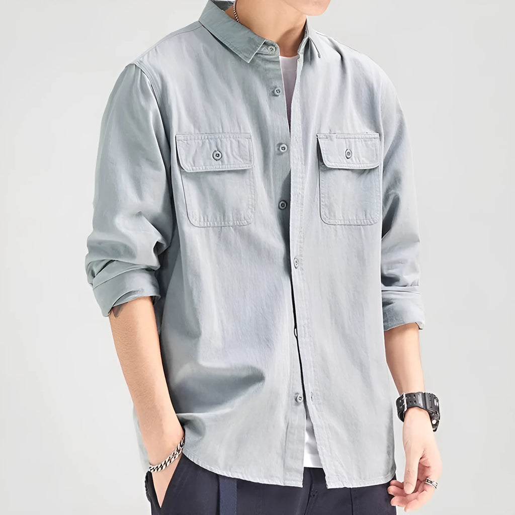 Men's loose fit long sleeve cardigan shirt in polyester available in light grey, black, khaki and green colours
