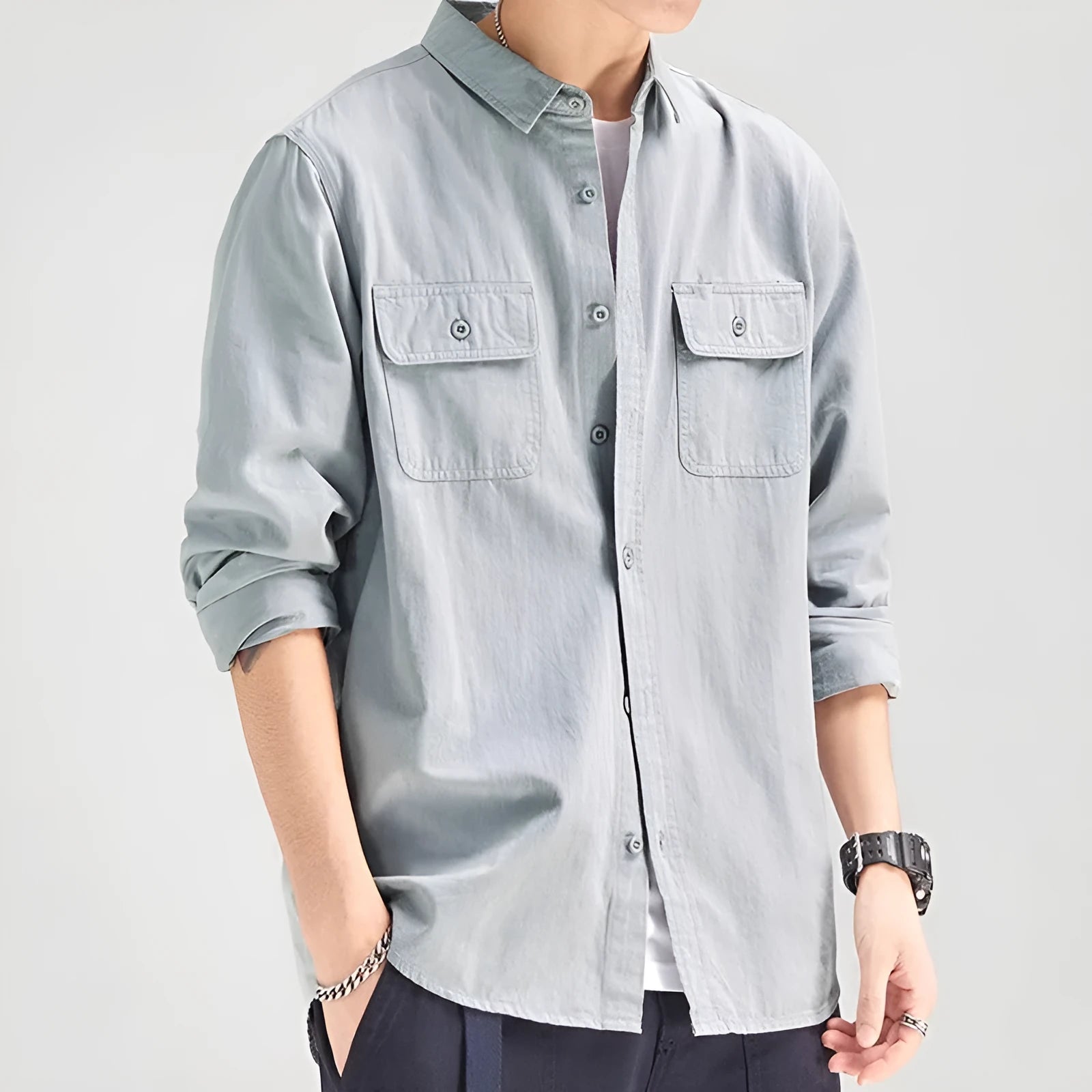 Men's loose fit long sleeve cardigan shirt in polyester available in light grey, black, khaki and green colours