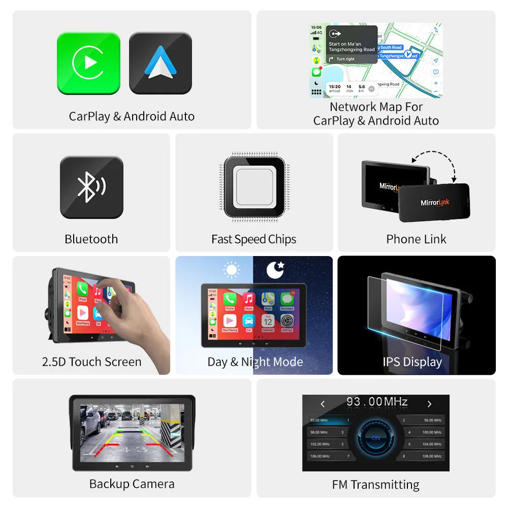 7-inch wireless CarPlay display with suction cup mount for car installation