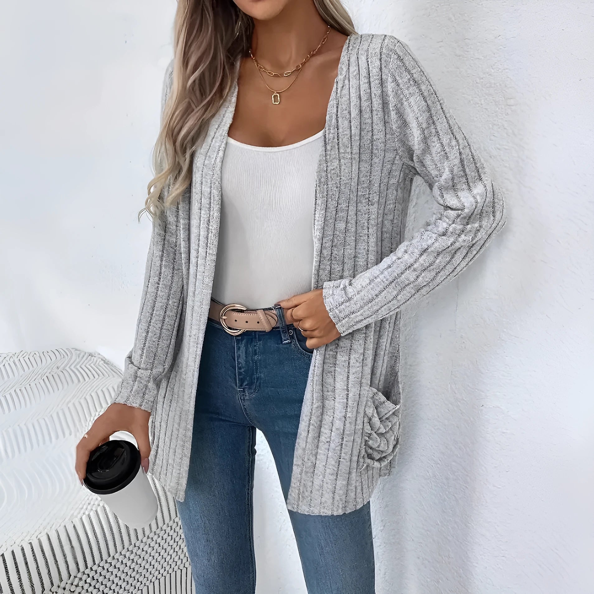 Solid colour long sleeve cardigan with pockets in loose fit, available in grandma grey or black