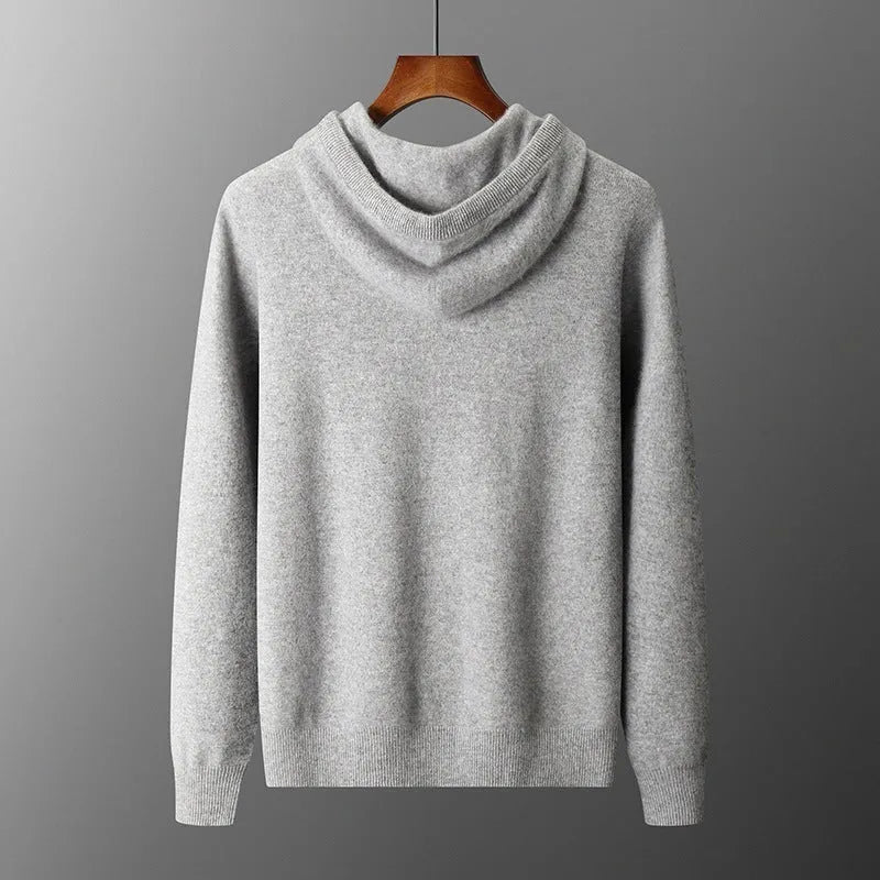 Men's light grey cashmere hooded sweatshirt and matching trousers set for winter leisure wear
