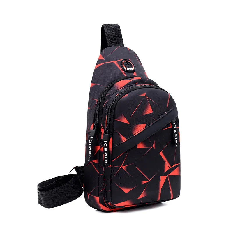 Men's blue print sling chest bag with earphone hole, shown worn crossbody.