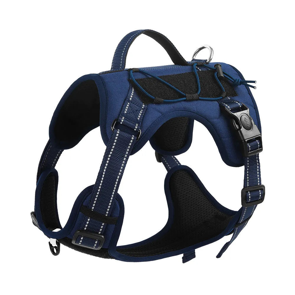 Orange reflective dog harness vest with integrated black hand-holding rope, shown on a dog.