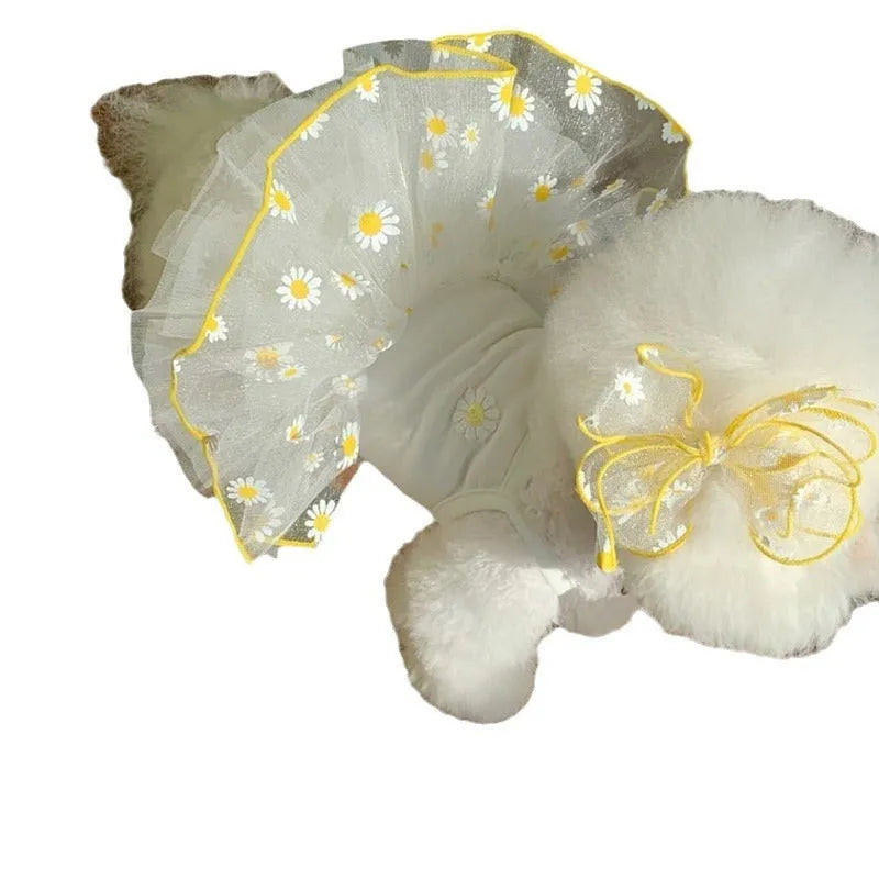 Yellow daisy pattern dog clothes on pet, lightweight polyester summer outfit