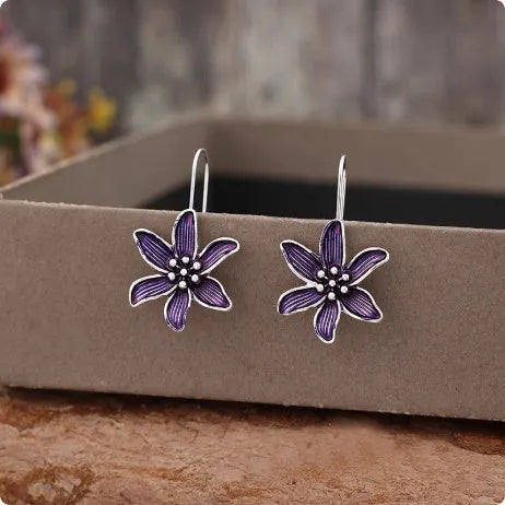 Purple flower-shaped earrings with electroplated finish and alloy construction