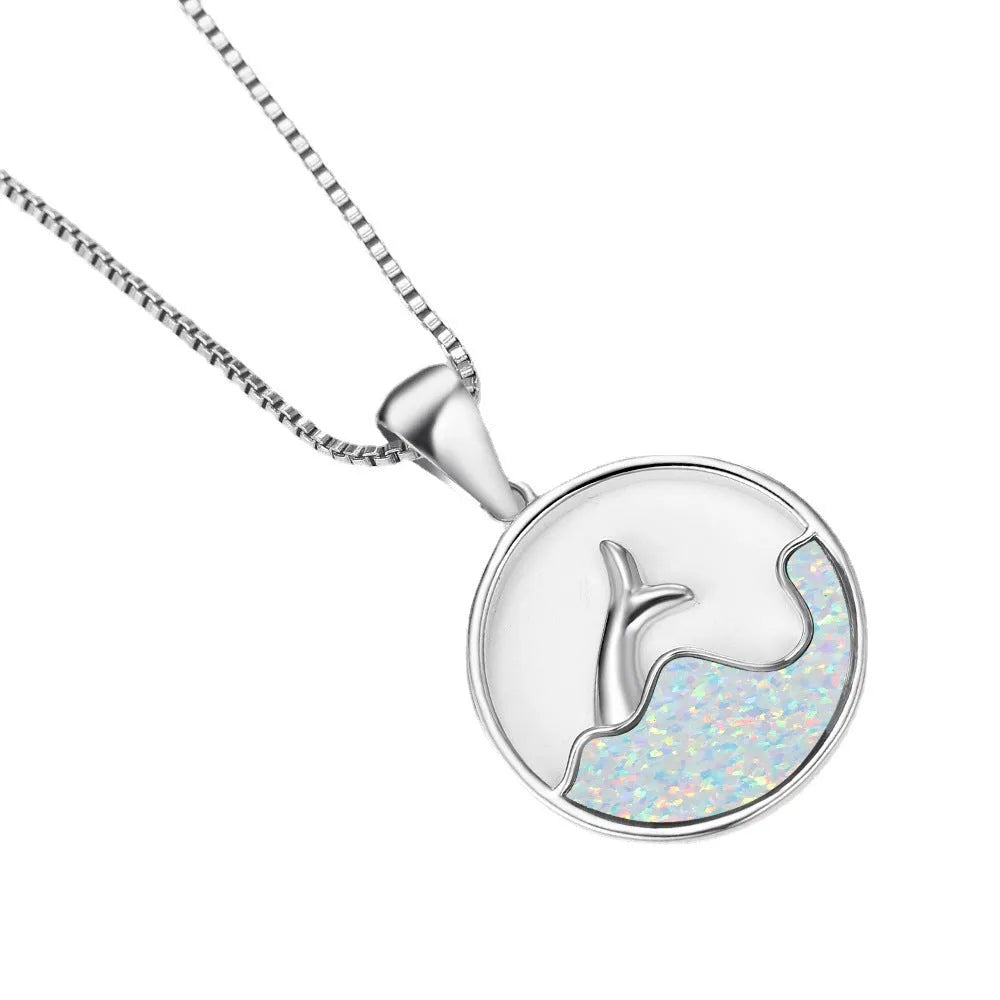 Round copper pendant necklace with sea fishtail geometry design in electroplated platinum blue opal finish
