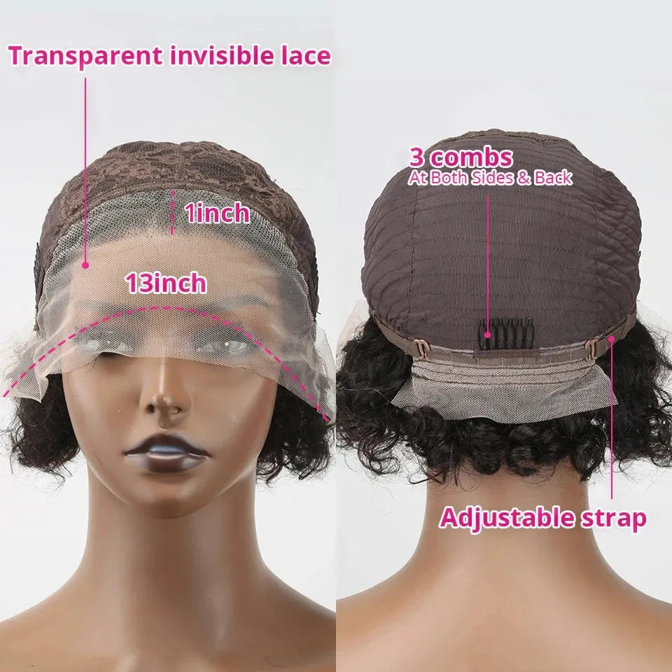 Black human hair pixie wig with lace front for daily wear.
