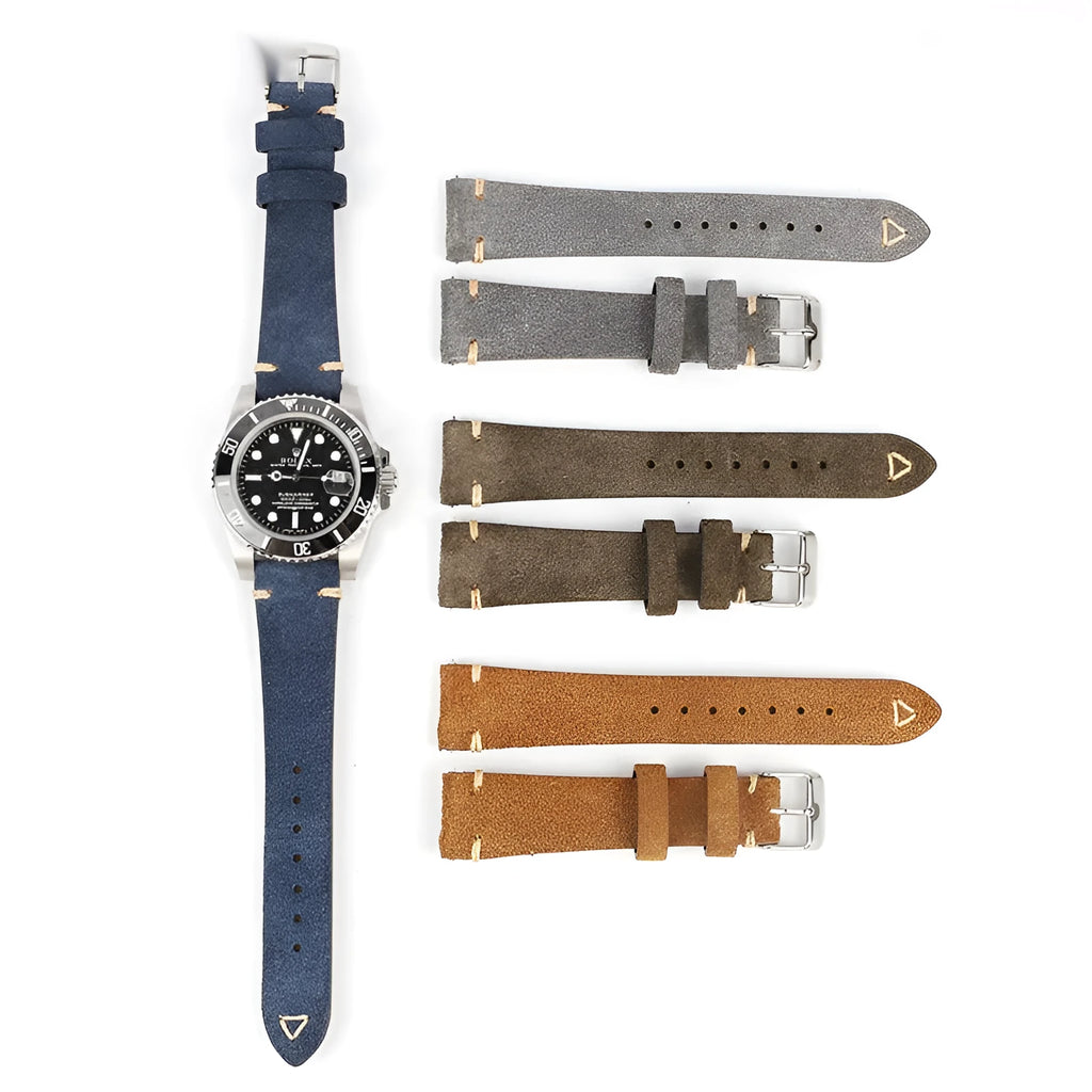 Genuine suede leather watch strap shown in brown, blue, gray, and Army Green colours for 20mm and 22mm watches.