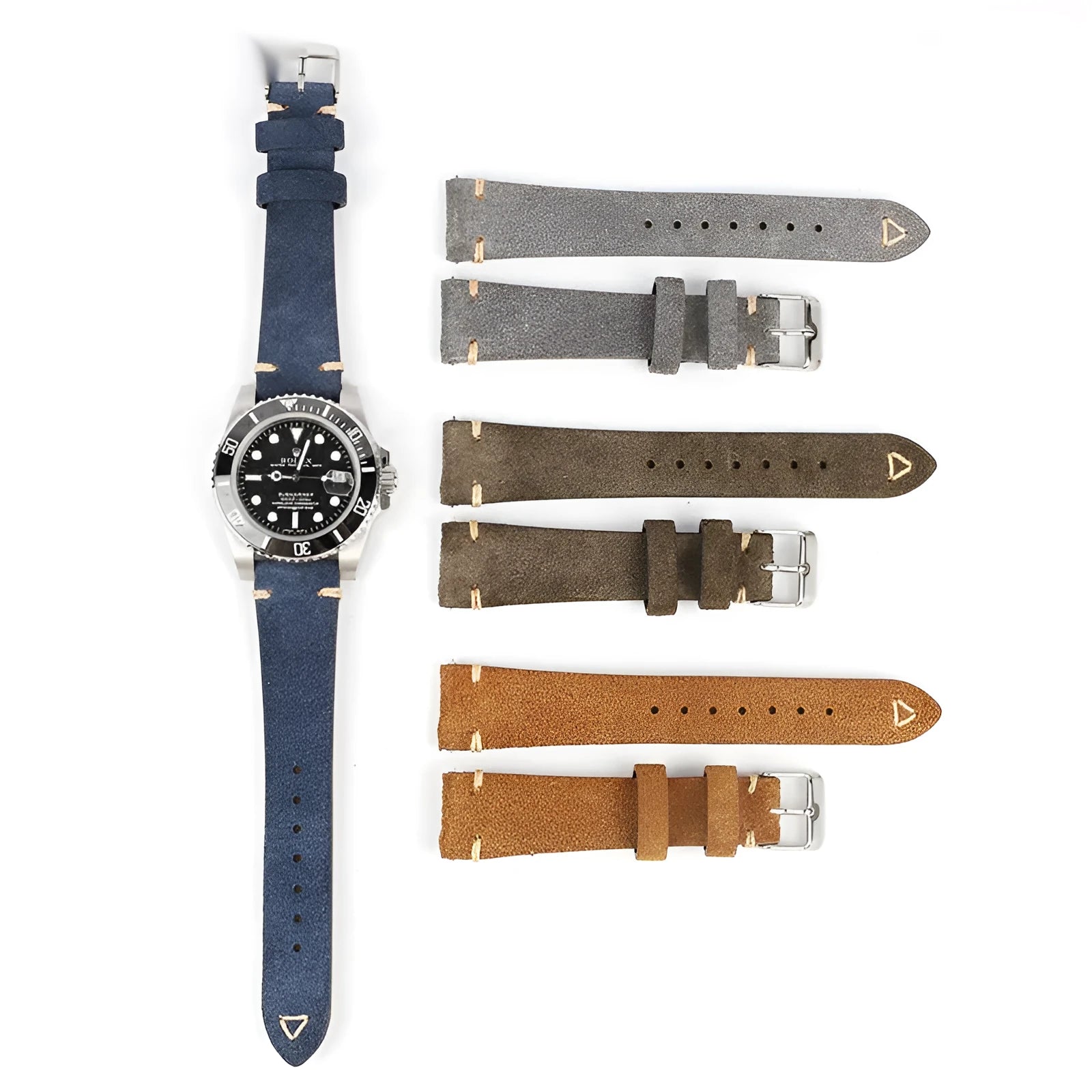 Genuine suede leather watch strap shown in brown, blue, gray, and Army Green colours for 20mm and 22mm watches.