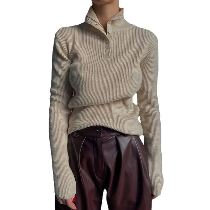 Retro breasted half turtleneck slim fit pullover sweater in silver grey or rice apricot.