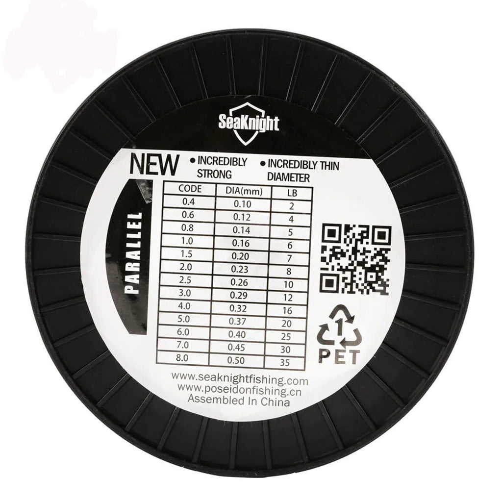 Spool of Seaknight1000 M nylon monofilament fishing line in one of five colours showing size marking