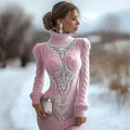 Printed women's slim-fit high-neck bodycon dress sweater with 3D pattern in black, pencil skirt silhouette