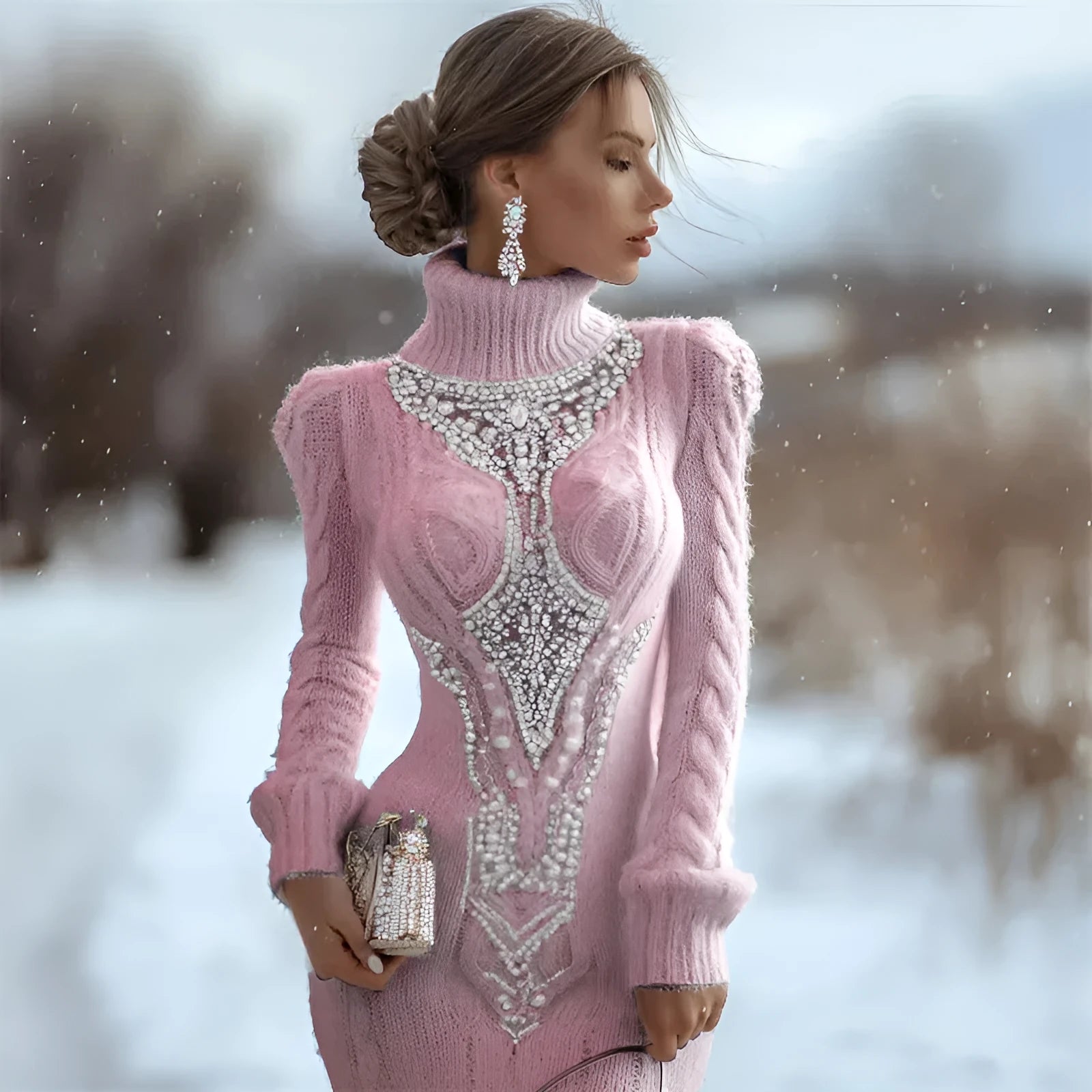 Printed women's slim-fit high-neck bodycon dress sweater with 3D pattern in black, pencil skirt silhouette