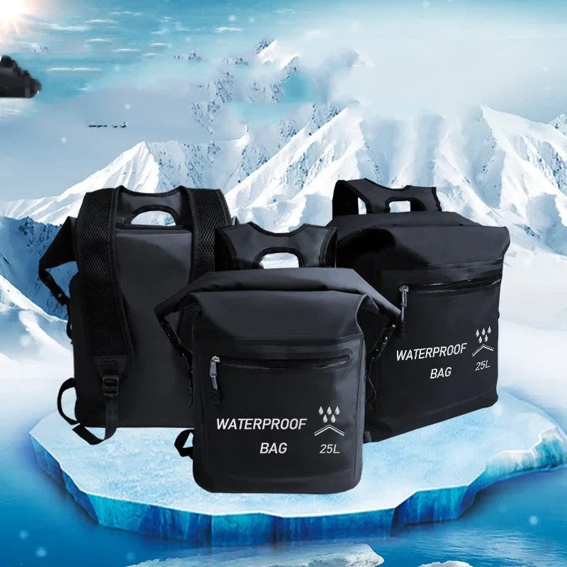 Black 25-litre waterproof outdoor backpack with mesh clips for rafting and swimming.