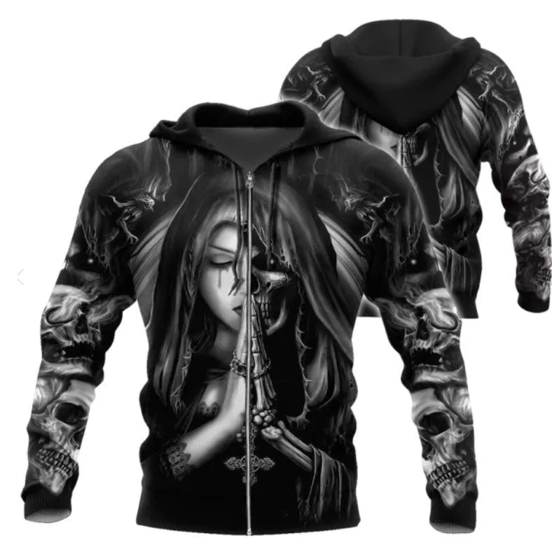 Black hooded sweatshirt with a large 3D white skull graphic in anime style on the front.