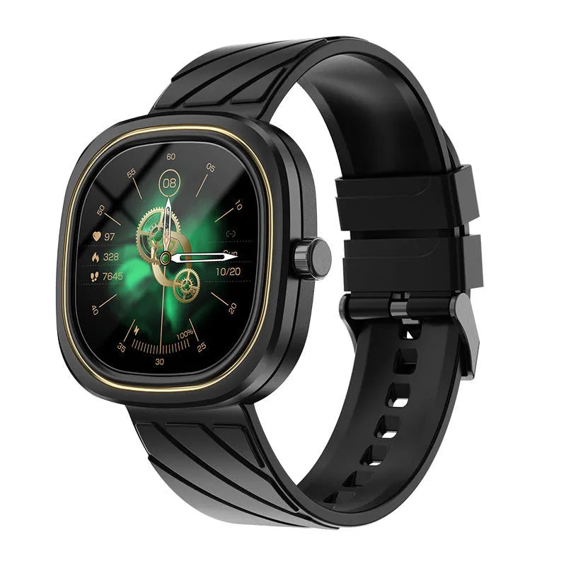 Bluetooth smart sports watch with a black silicone band and a square touch screen display.