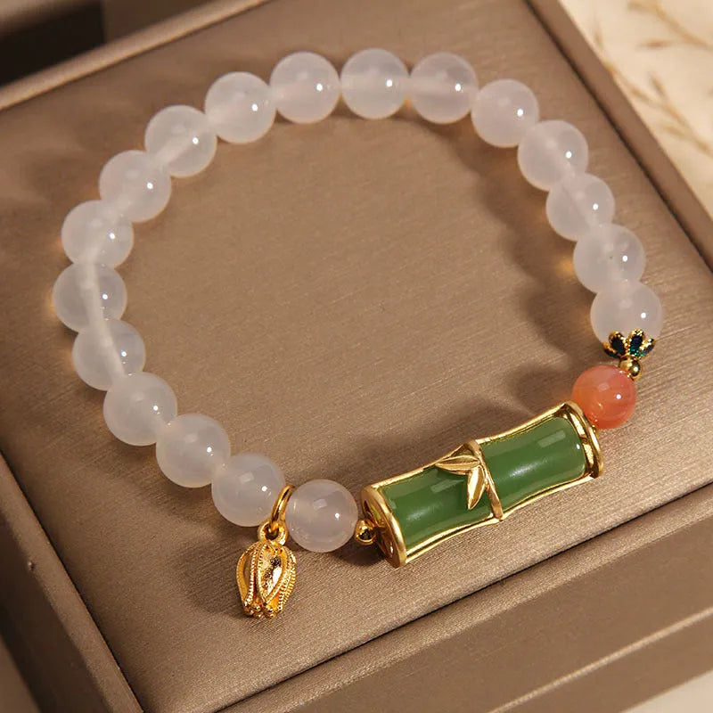 Women's white agate and jade bamboo joint bracelet with natural stone finish