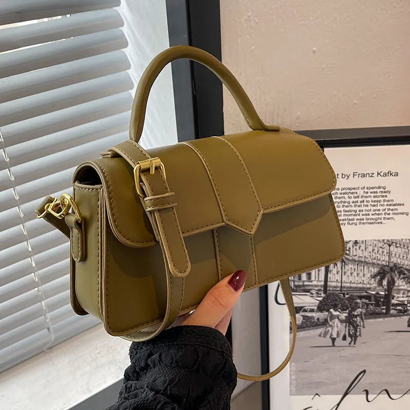 Beige PU leather women's messenger bag showing file compartment and sandwich pocket.