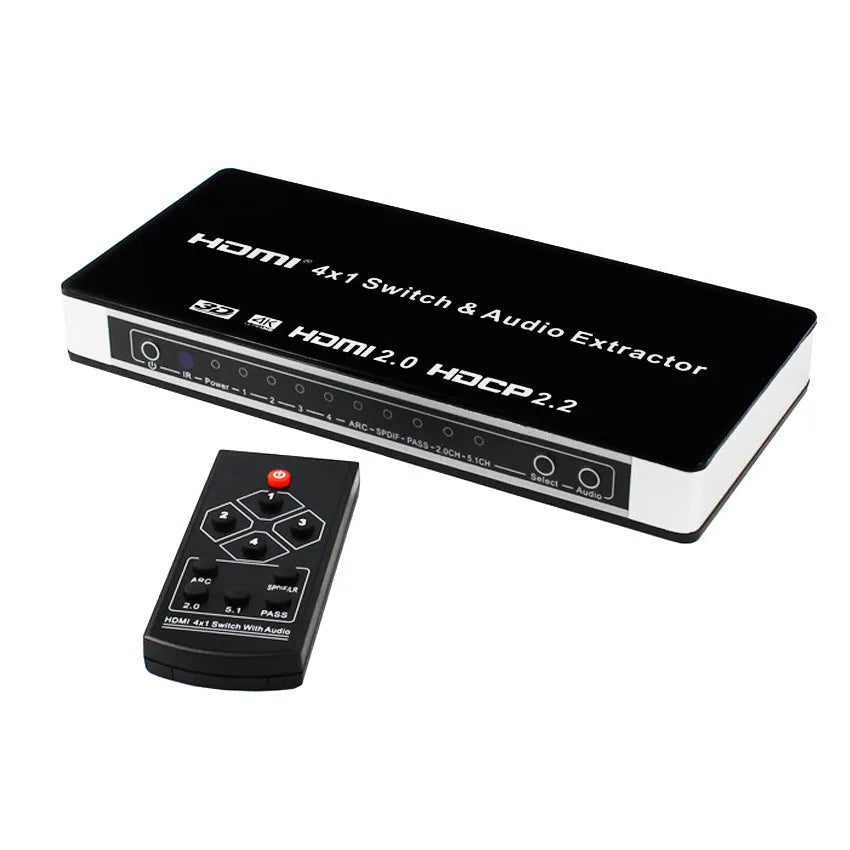 Black HDMI audio video switch with four inputs and one output, remote control, power adapter, and instruction manual