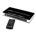 Black HDMI audio video switch with four inputs and one output, remote control, power adapter, and instruction manual