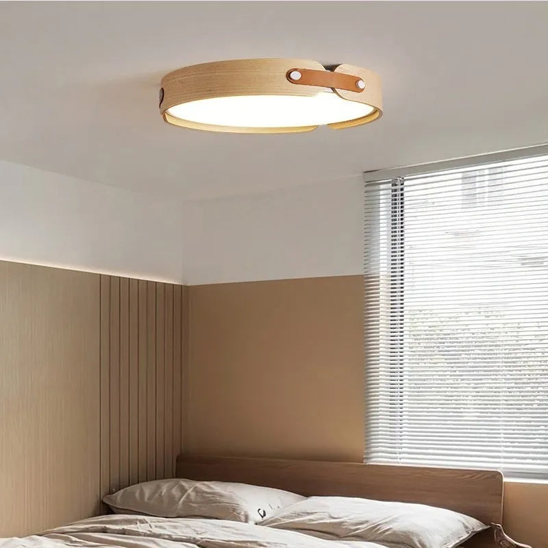 Japanese walnut ceiling lamp with wood shade and PMMA lampshade in warm light colour options